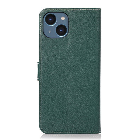 iPhone 15 Litchi Leather Flip Cover w. White Stitches and Wallet - Green