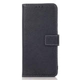 iPhone 15 Litchi Leather Flip Cover w. White Stitches and Wallet - Blue