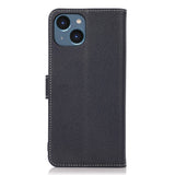 iPhone 15 Litchi Leather Flip Cover w. White Stitches and Wallet - Blue