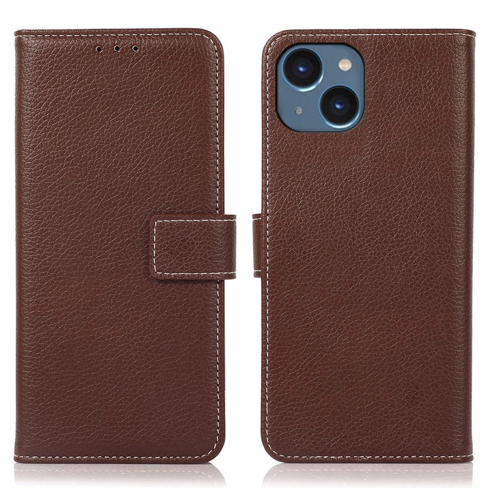 iPhone 15 Litchi Leather Flip Cover w. White Stitches and Wallet - Brown