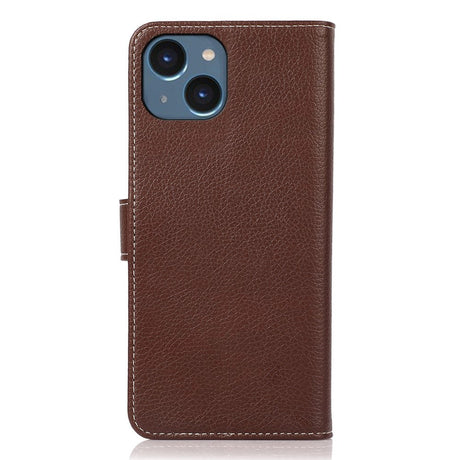 iPhone 15 Litchi Leather Flip Cover w. White Stitches and Wallet - Brown