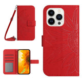 iPhone 15 Pro Wallet Case w. Strap - Sunflower Engraving - Red