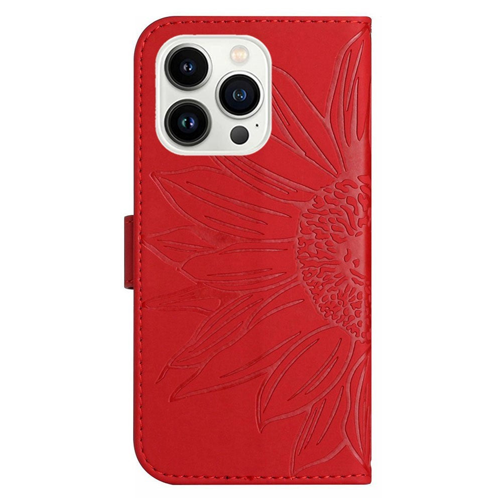 iPhone 15 Pro Wallet Case w. Strap - Sunflower Engraving - Red