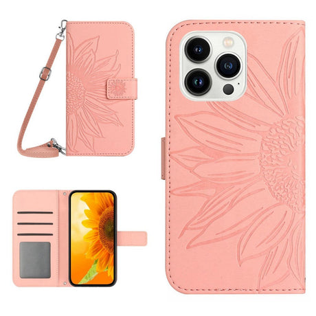 iPhone 15 Pro Wallet Case w. Strap - Sunflower Engraving - Pink