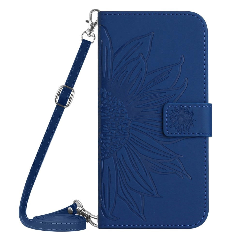 iPhone 15 Pro Wallet Case w. Strap - Sunflower Engraving - Royal Blue