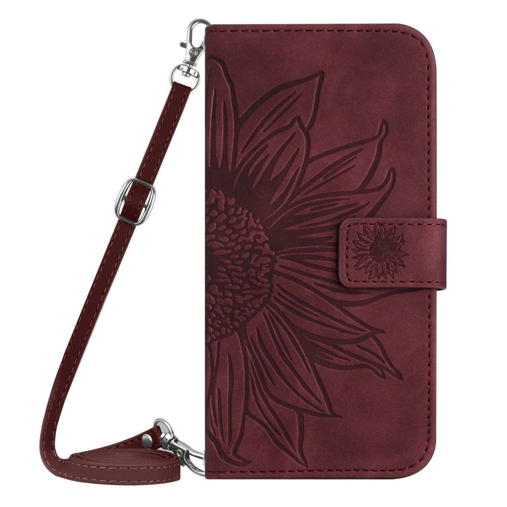 iPhone 15 Pro Wallet Case w. Strap - Sunflower Engraving - Wine Red