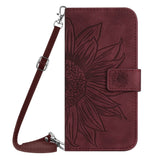 iPhone 15 Pro Wallet Case w. Strap - Sunflower Engraving - Wine Red