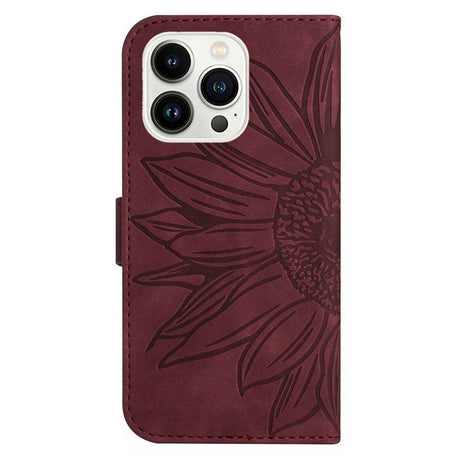 iPhone 15 Pro Wallet Case w. Strap - Sunflower Engraving - Wine Red