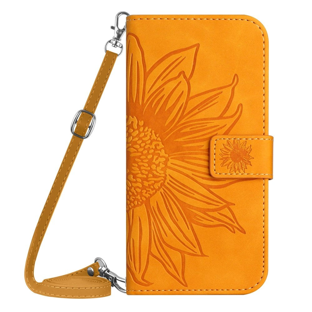 iPhone 15 Pro Wallet Case w. Strap - Sunflower Engraving - Yellow