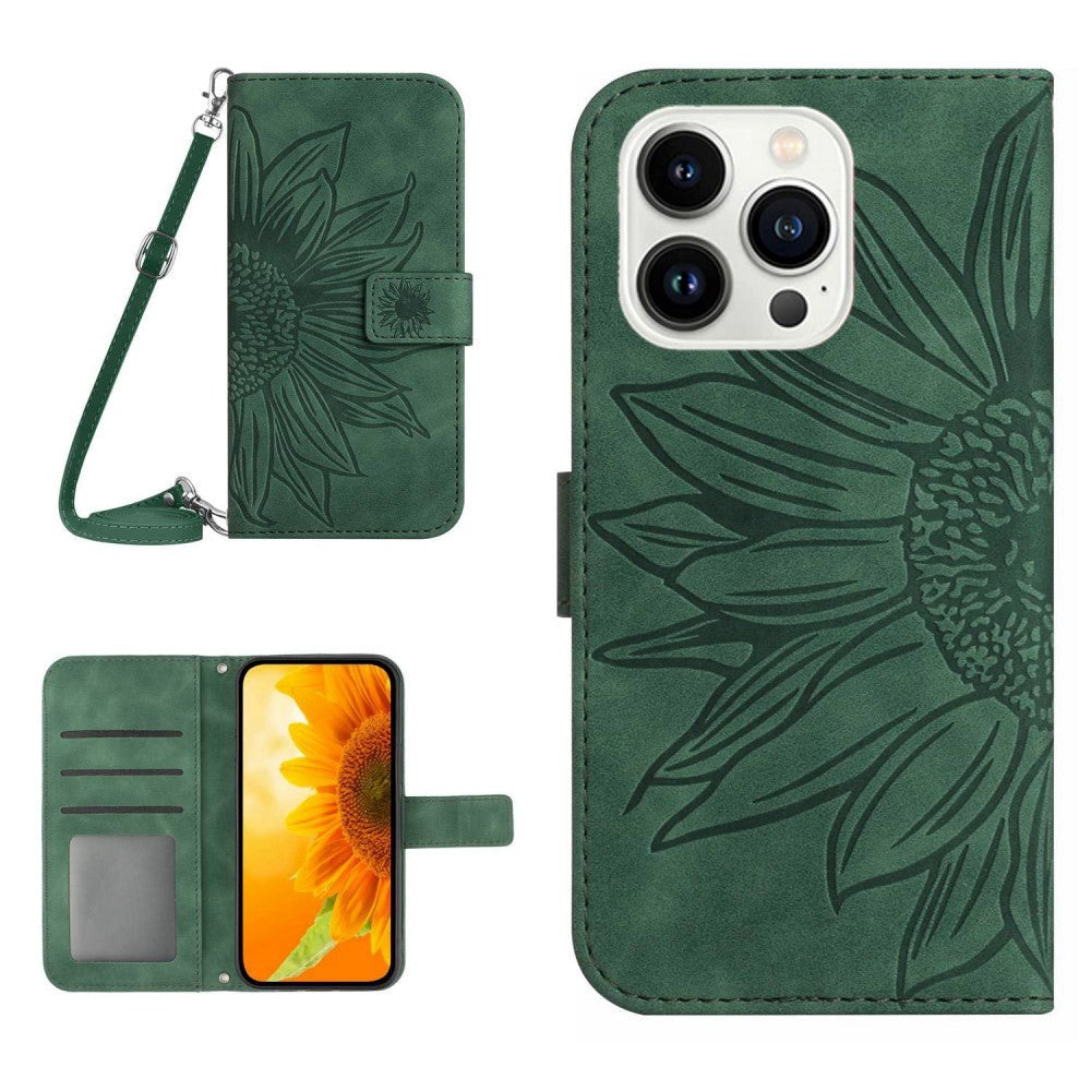 iPhone 15 Pro Wallet Case w. Strap - Sunflower Engraving - Green