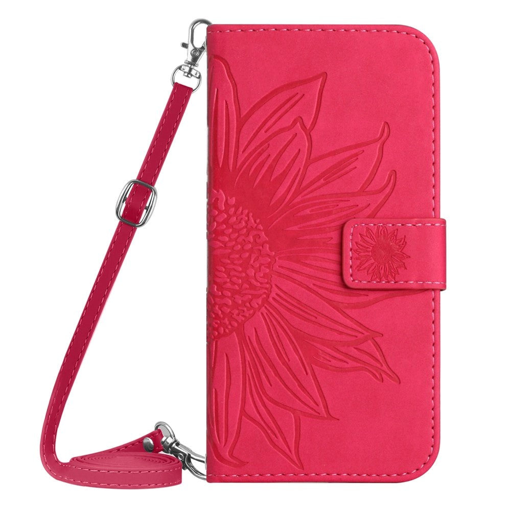 iPhone 15 Pro Wallet Case w. Strap - Sunflower Engraving - Pink