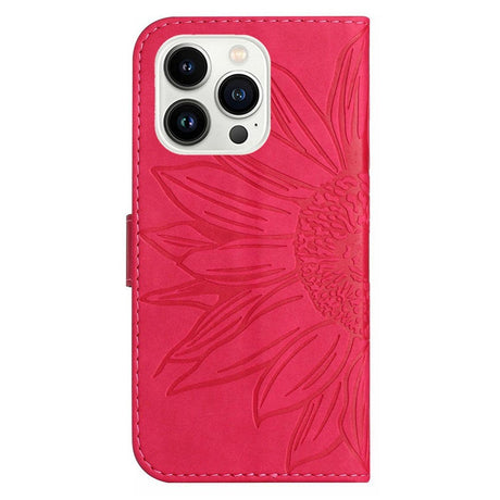 iPhone 15 Pro Wallet Case w. Strap - Sunflower Engraving - Pink