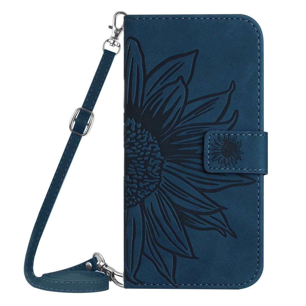 iPhone 15 Wallet Case w. Strap - Sunflower Engraving - Dark Blue