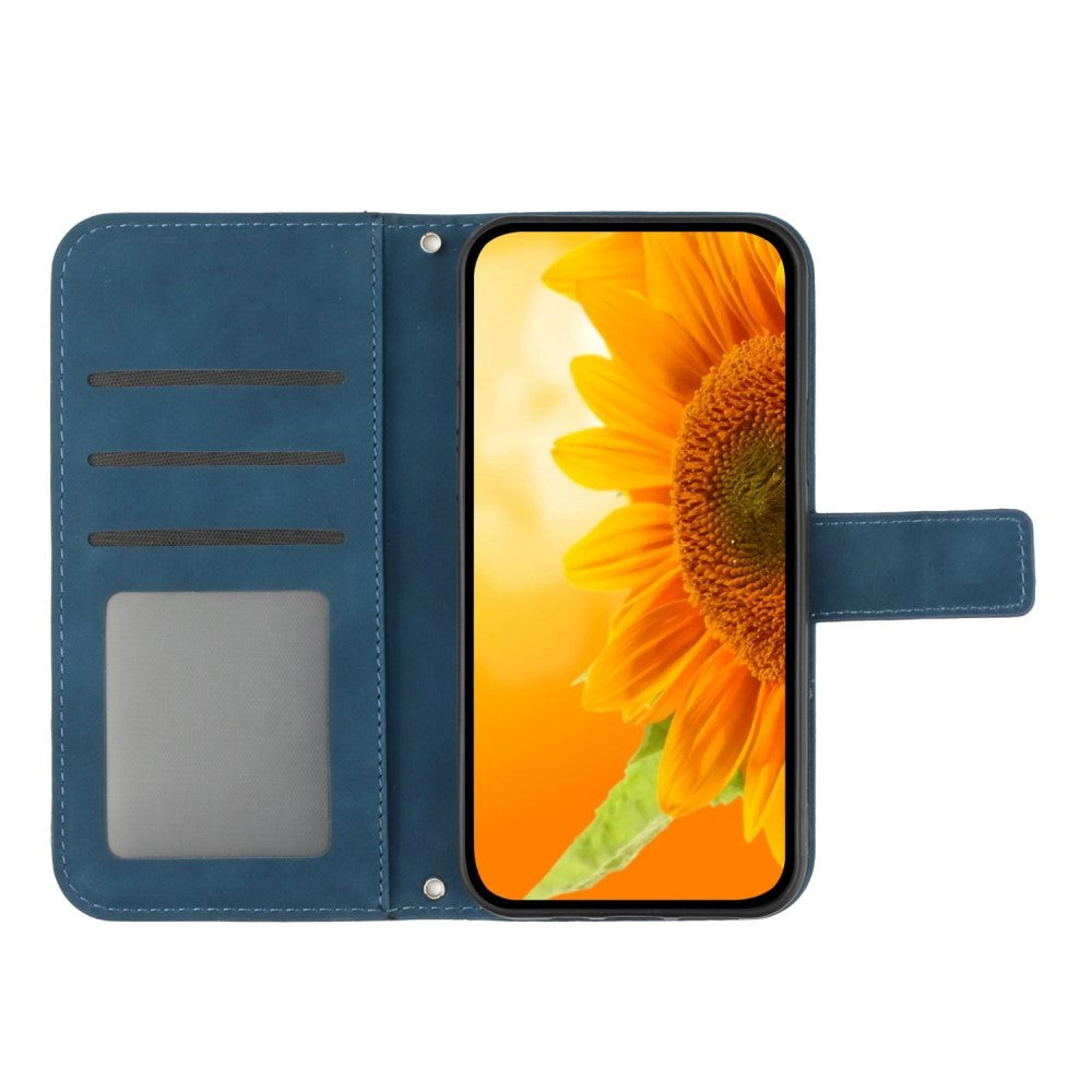 iPhone 15 Wallet Case w. Strap - Sunflower Engraving - Dark Blue