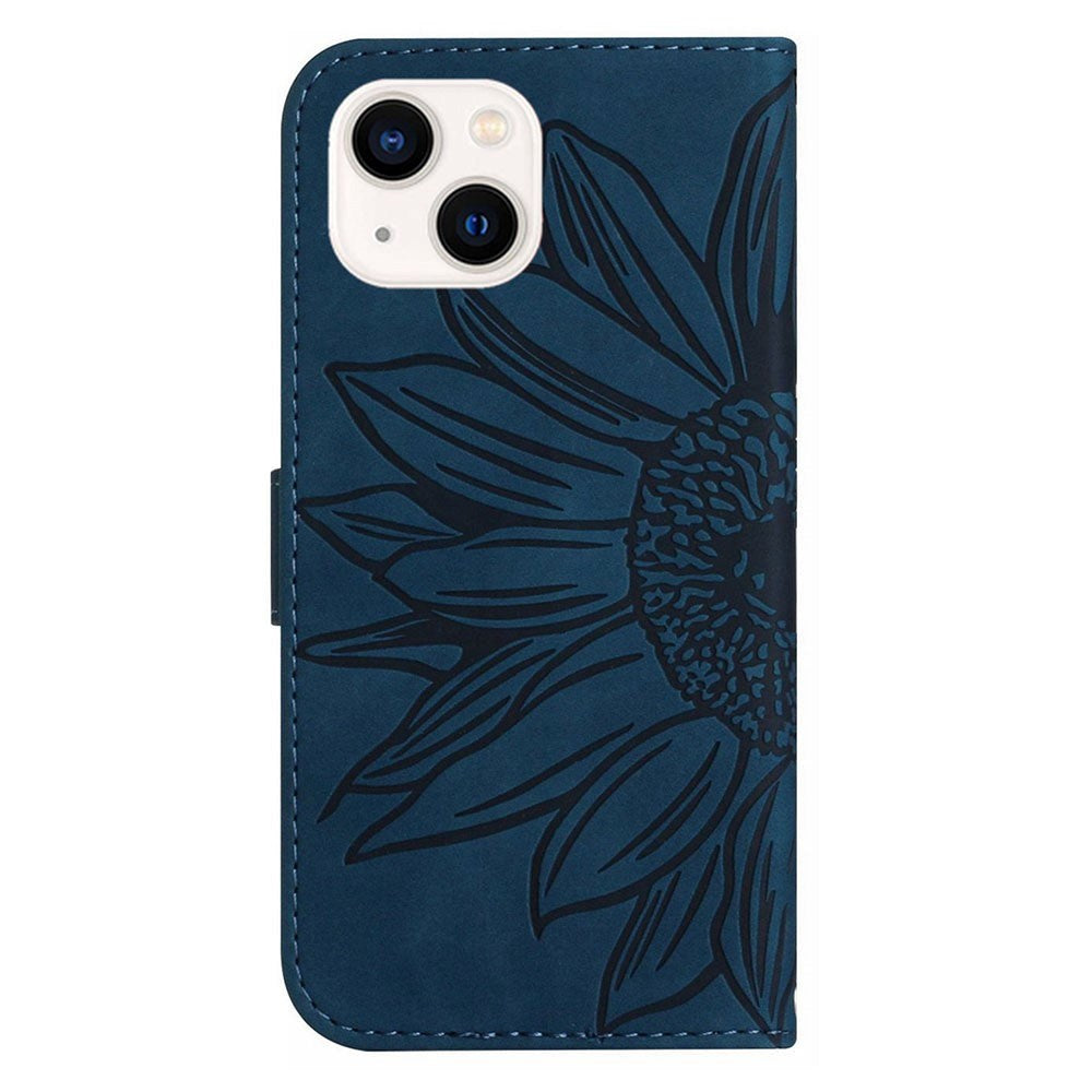 iPhone 15 Wallet Case w. Strap - Sunflower Engraving - Dark Blue