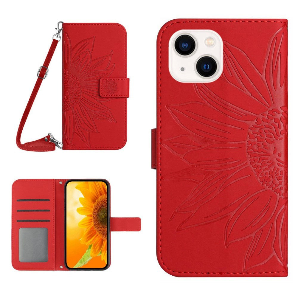 iPhone 15 Wallet Case w. Strap - Sunflower Engraving - Red