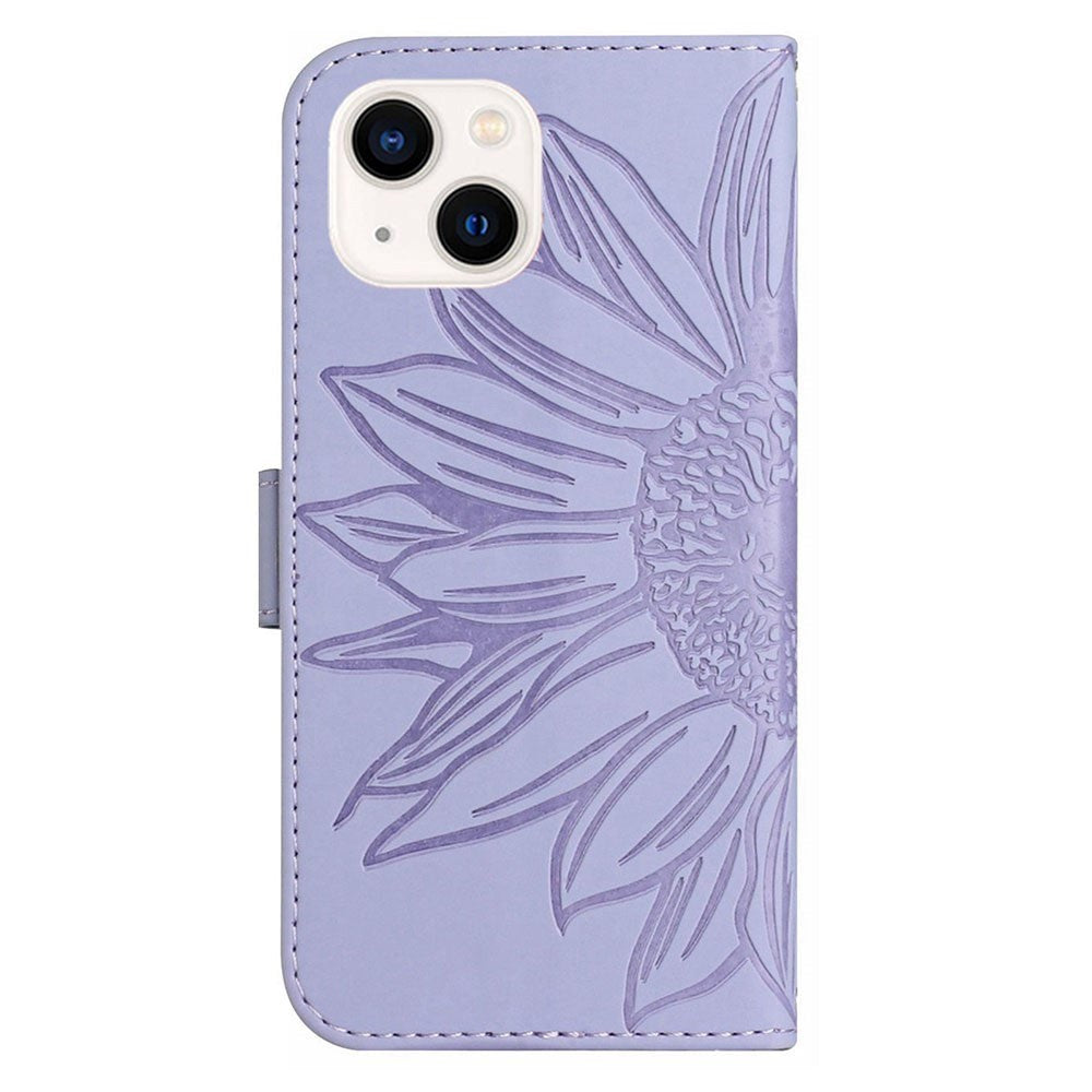 iPhone 15 Wallet Case w. Strap - Sunflower Engraving - Light Purple