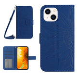 iPhone 15 Wallet Case w. Strap - Sunflower Engraving - Blue