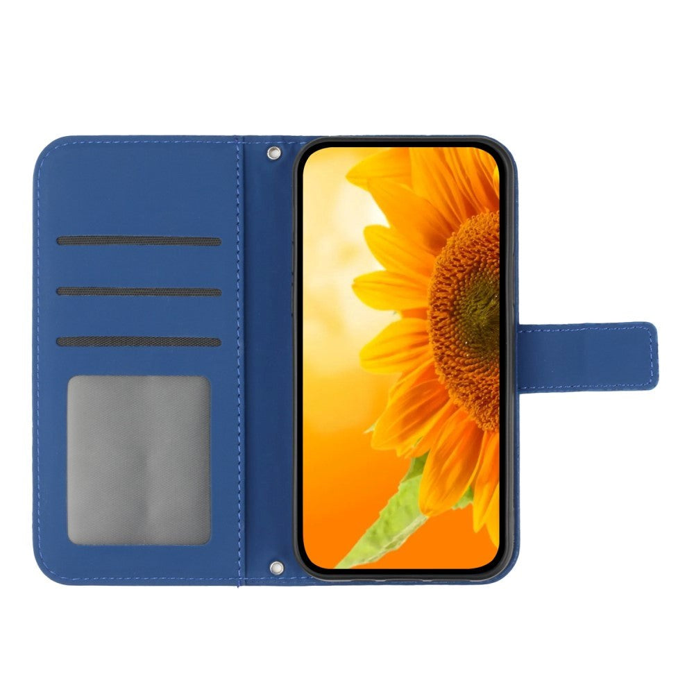 iPhone 15 Wallet Case w. Strap - Sunflower Engraving - Blue