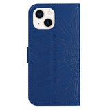 iPhone 15 Wallet Case w. Strap - Sunflower Engraving - Blue