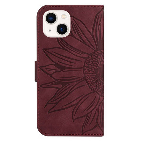 iPhone 15 Wallet Case w. Strap - Sunflower Engraving - Wine Red