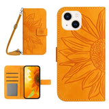 iPhone 15 Wallet Case w. Strap - Sunflower Engraving - Pink - Yellow