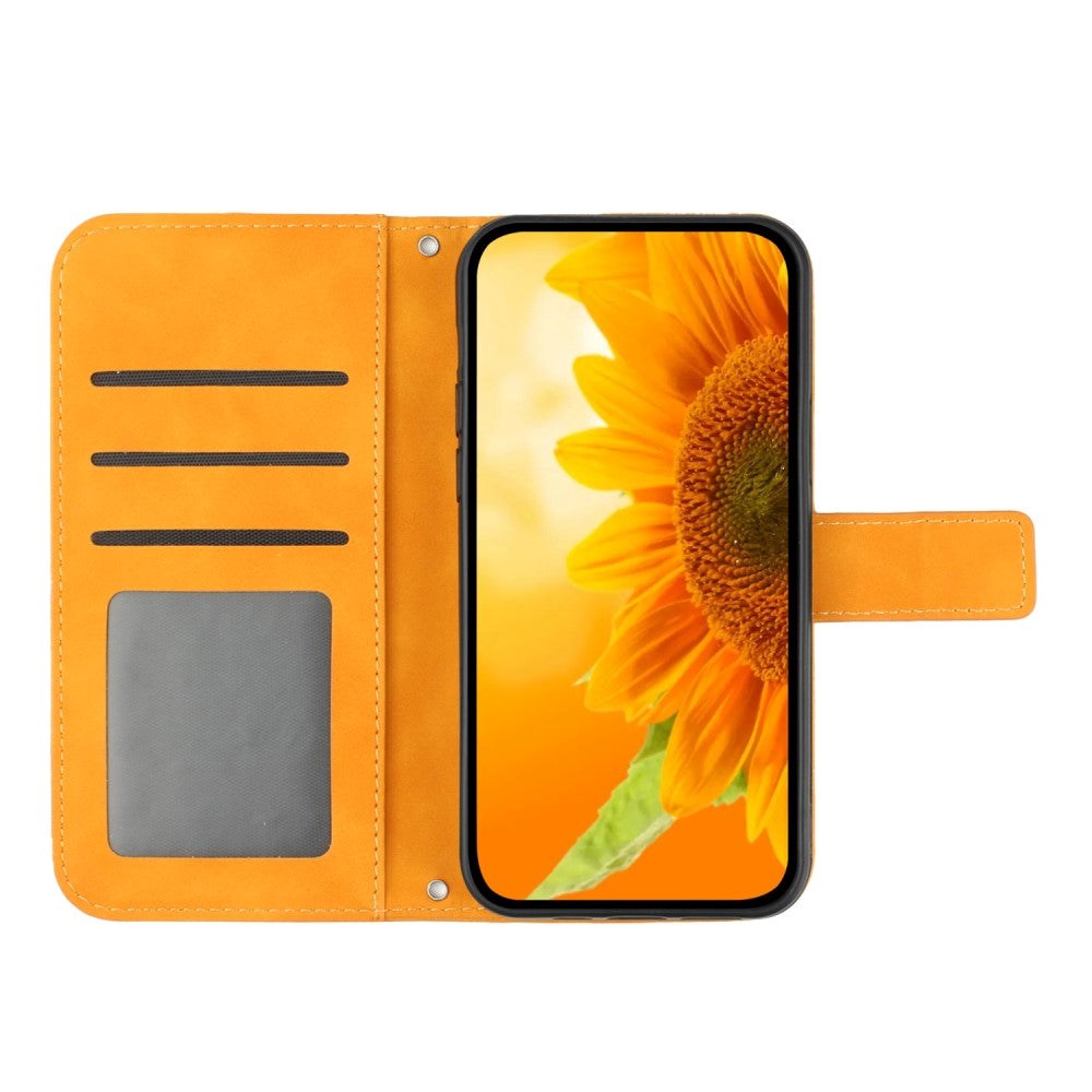 iPhone 15 Wallet Case w. Strap - Sunflower Engraving - Pink - Yellow