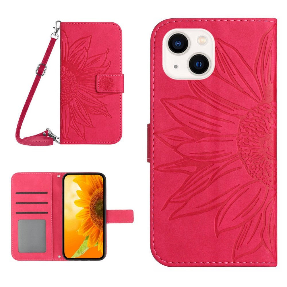 iPhone 15 Wallet Case w. Strap - Sunflower Engraving - Pink