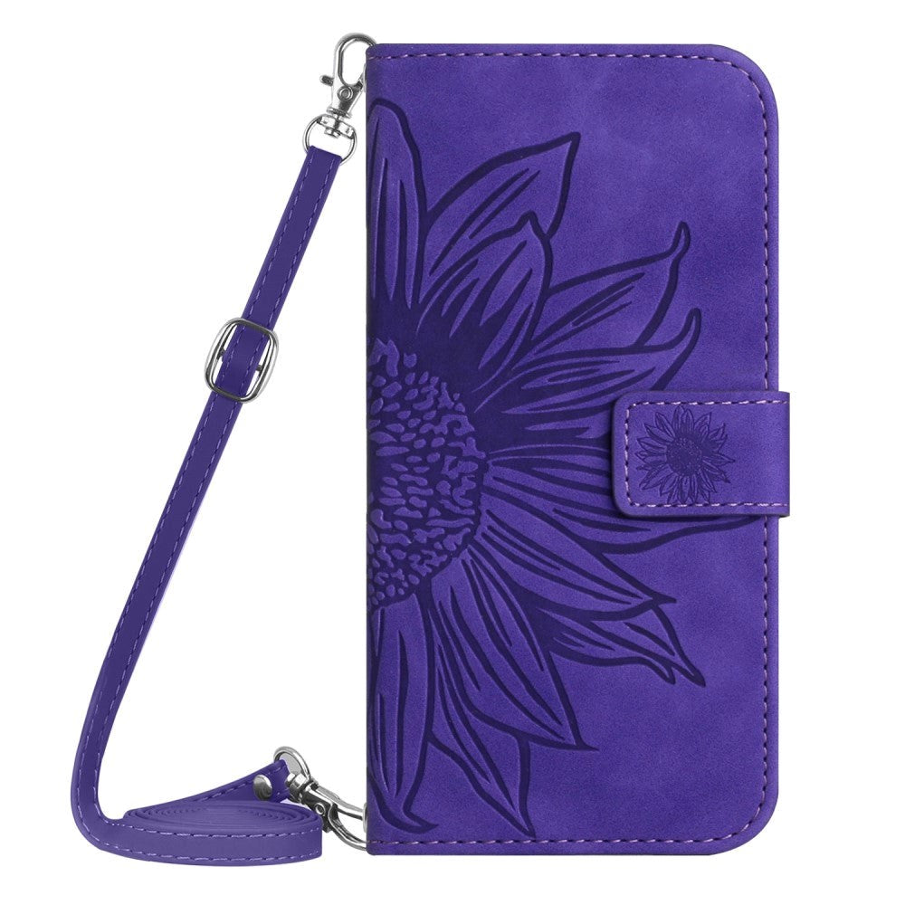 iPhone 15 Wallet Case w. Strap - Sunflower Engraving - Purple