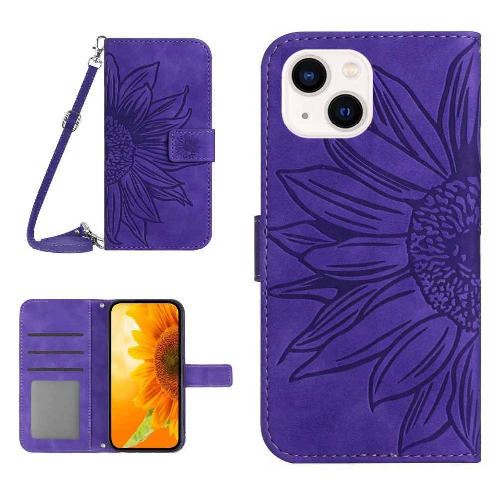 iPhone 15 Wallet Case w. Strap - Sunflower Engraving - Purple