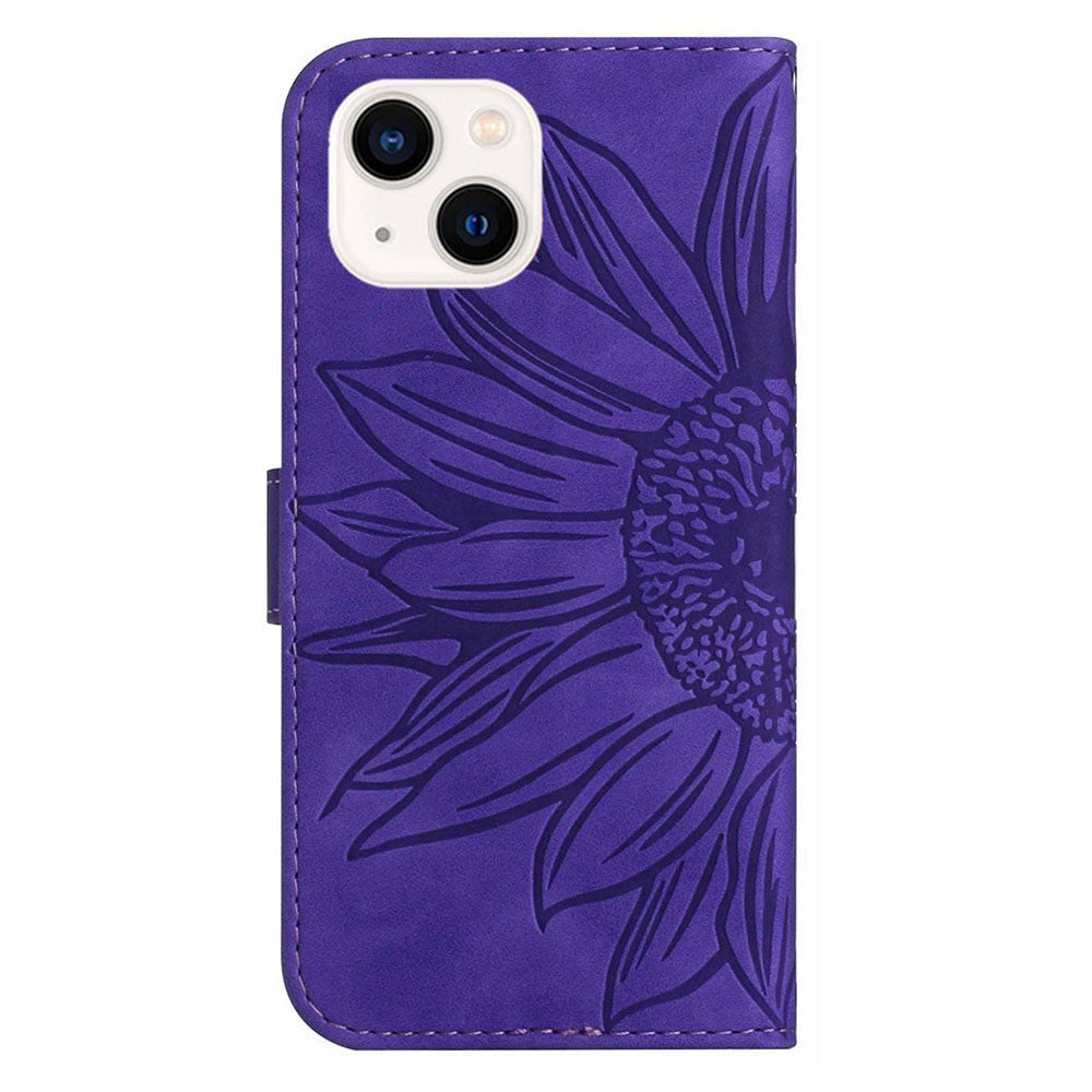 iPhone 15 Wallet Case w. Strap - Sunflower Engraving - Purple