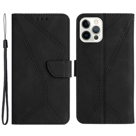 iPhone 15 Pro Max Leather Case with Wallet and Strap - Line Pattern - Black