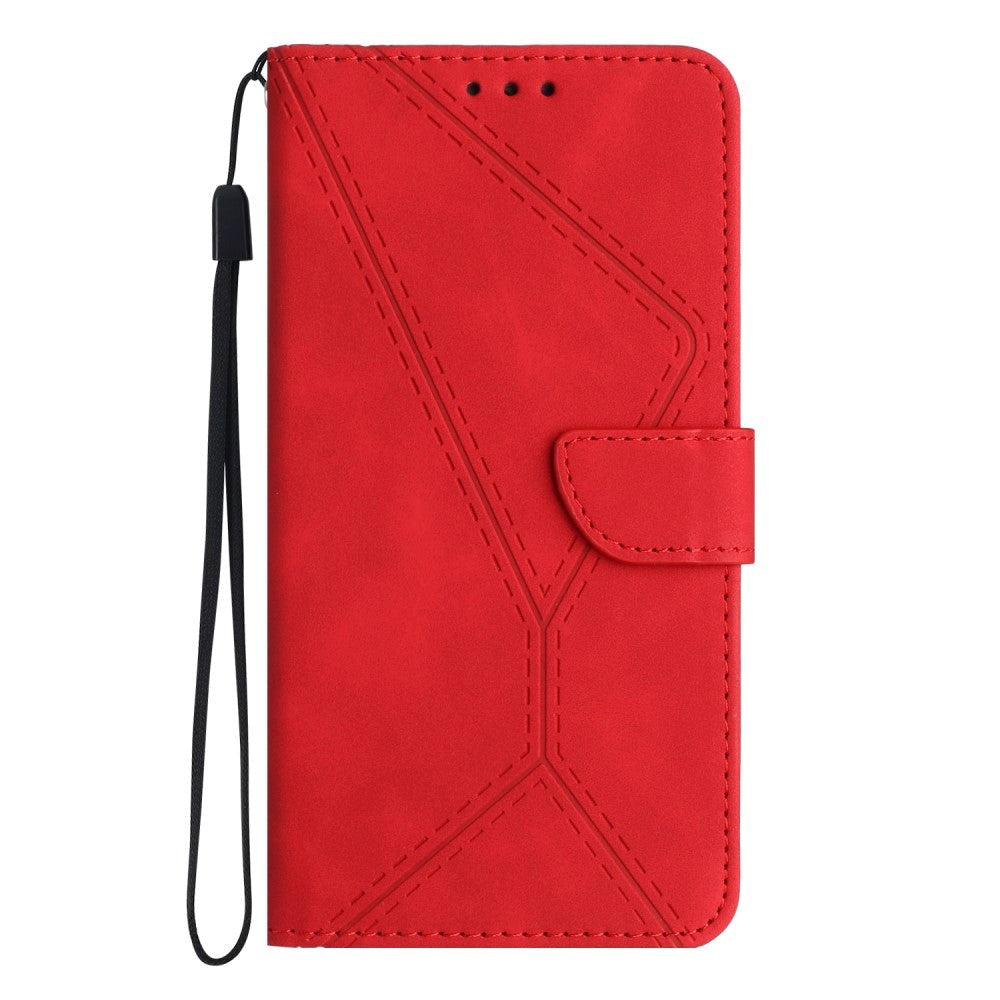 iPhone 15 Pro Max Leather Case with Wallet and Strap - Line Pattern - Rød