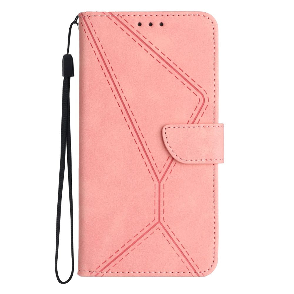 iPhone 15 Pro Max Leather Case with Wallet and Strap - Line Pattern - Pink