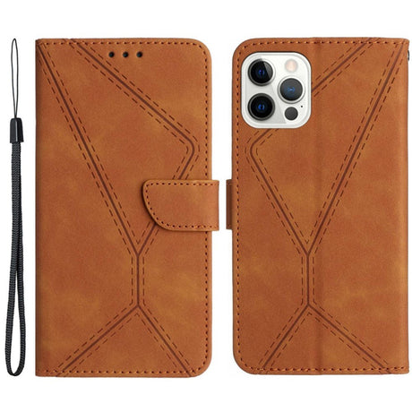 iPhone 15 Pro Max Leather Case with Wallet and Strap - Line Pattern - Brown