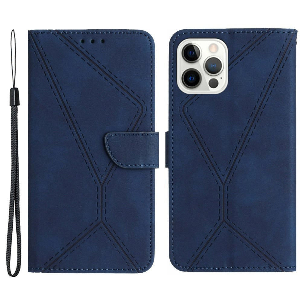 iPhone 15 Pro Max Leather Case with Wallet and Strap - Line Pattern - Blue