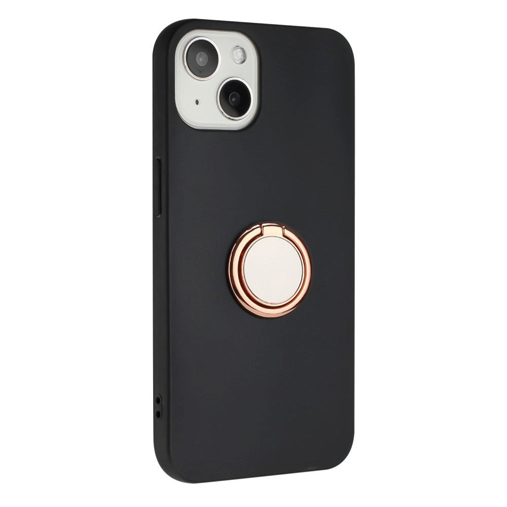 iPhone 15 Plus Flexible Plastic Case w. Magnetic Ring Kickstand - Black w. Rose Gold Ring