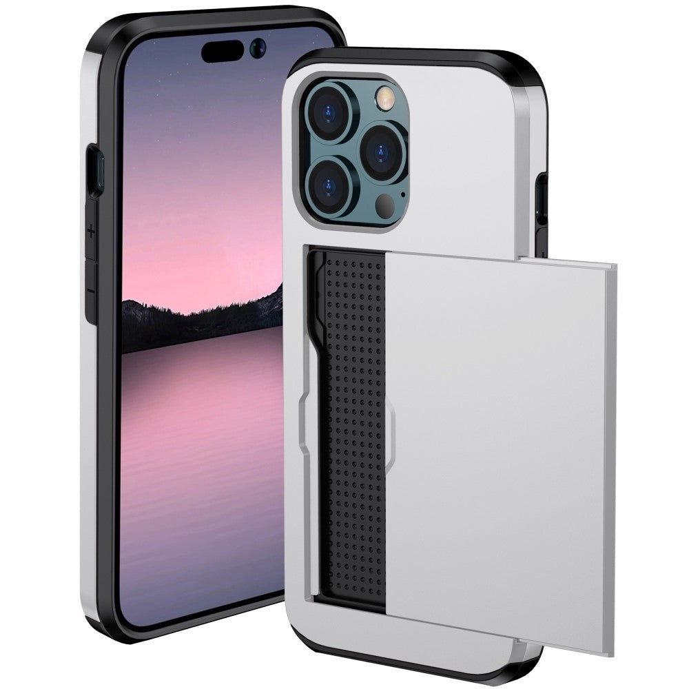 iPhone 15 Pro Hybrid Tough Case w. Card Holder - Silver