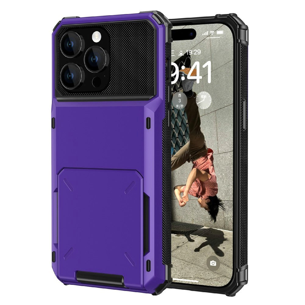 iPhone 15 Hybrid Plastic Tough Case with Card Holder - Purple