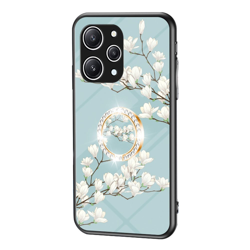 Xiaomi Redmi 12 (4G) Plastic Case w. Glass Back & Finger Ring - Flower Print - Turquoise