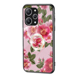 Xiaomi Redmi 12 (4G) Plastic Case w. Glass Back & Finger Ring - Flower Print - Pink