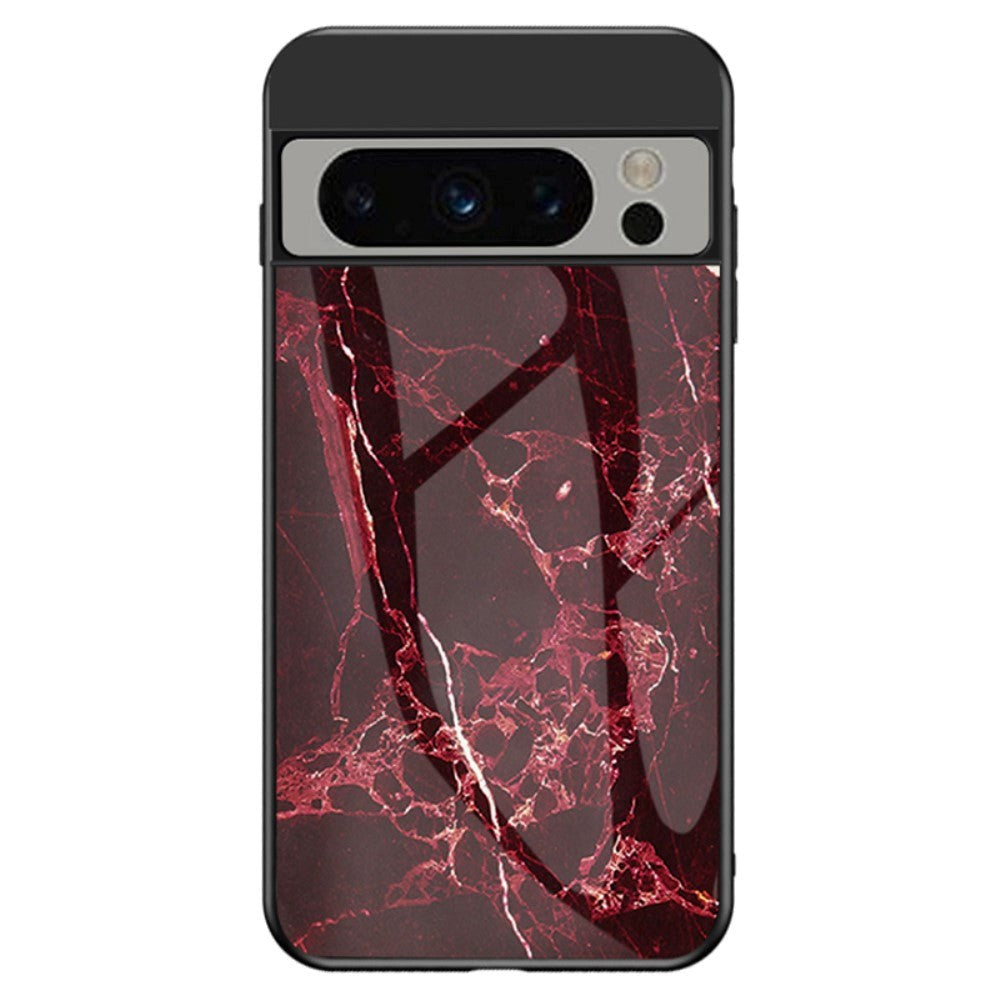 Google Pixel 8 Pro Plastic Case w. Glass Back - Red / Black Marble