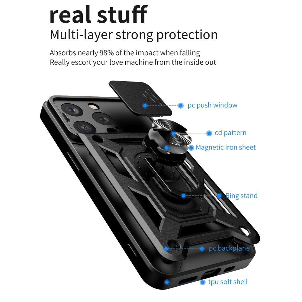 iPhone 15 Pro Tough Case w. Magnetic Kickstand & Cam Slider - Black