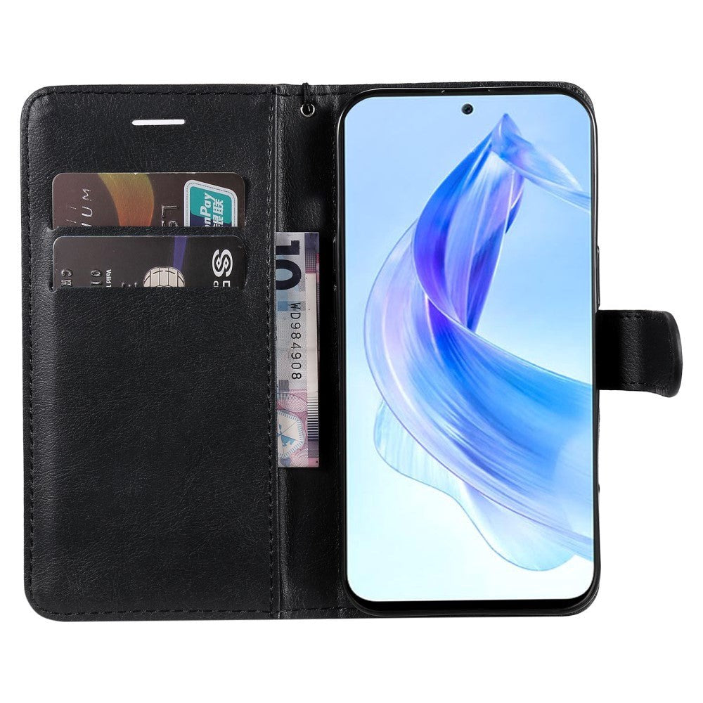 Honor 90 Lite Leather Case with Wallet and Strap - Black