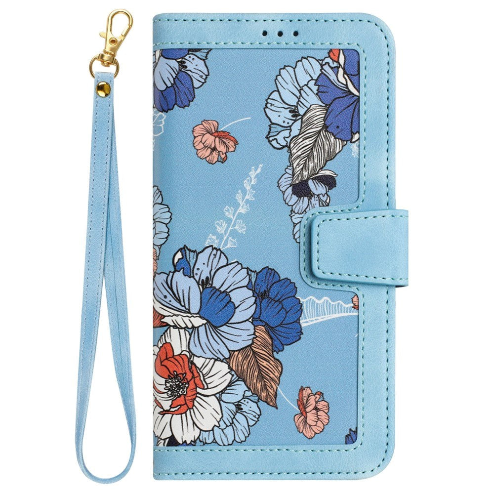 iPhone 15 Pro Leather Flip Case with Wallet and Strap - Light Blue with Flowers