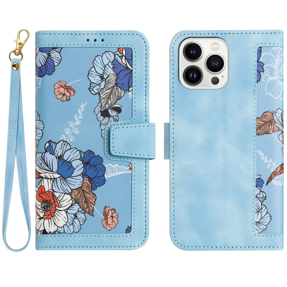 iPhone 15 Pro Leather Flip Case with Wallet and Strap - Light Blue with Flowers