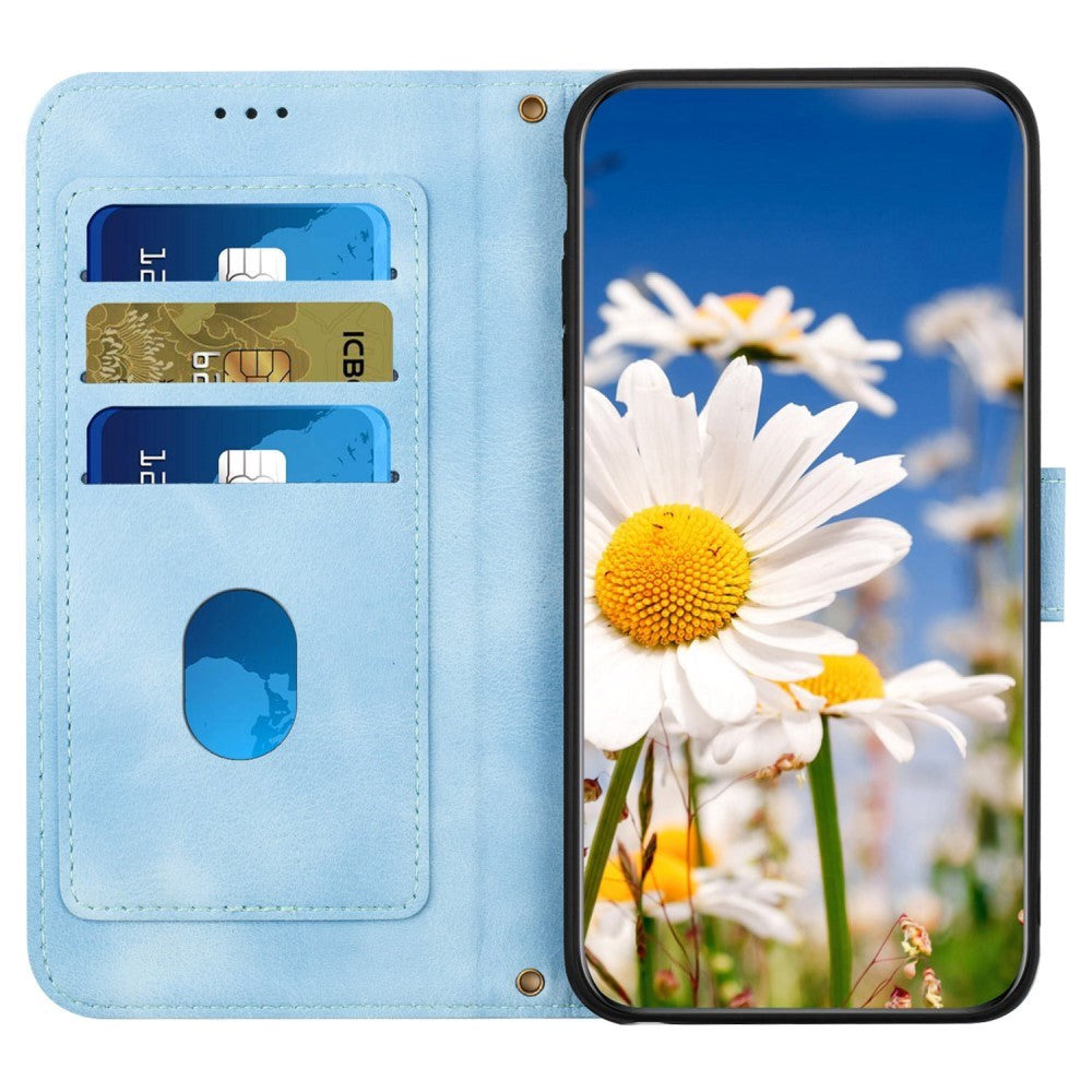 iPhone 15 Pro Leather Flip Case with Wallet and Strap - Light Blue with Flowers