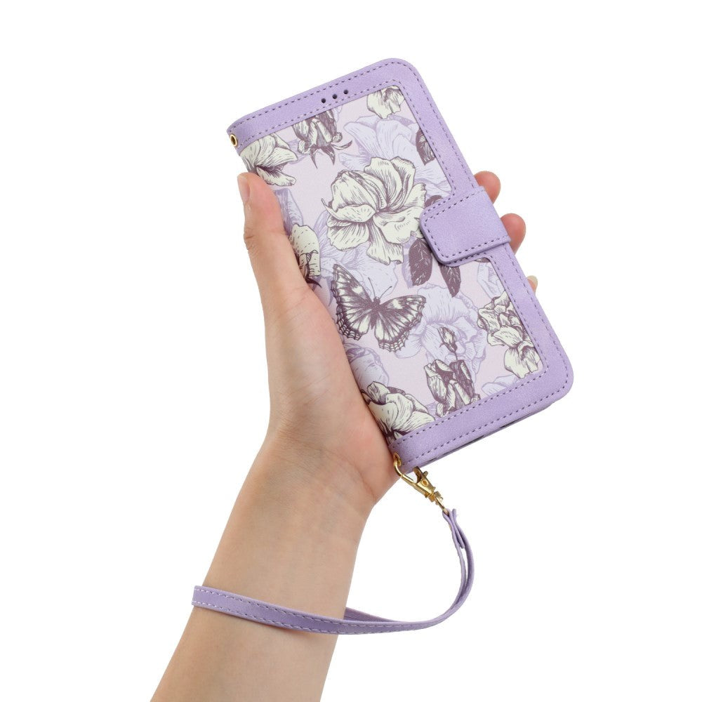 iPhone 15 Pro Leather Flip Case with Wallet and Strap - Purple with Flowers and Butterfly