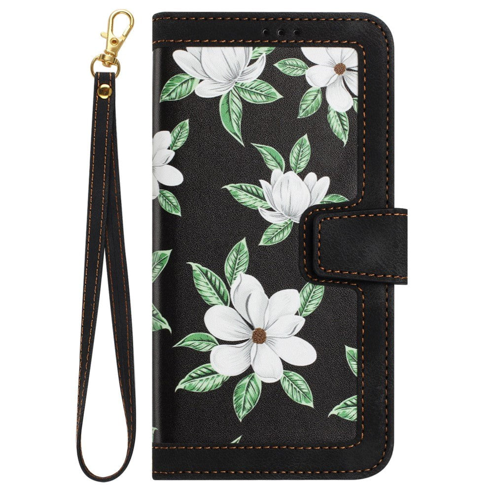 iPhone 15 Pro Leather Flip Case with Wallet and Strap - Black with Flowers