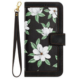 iPhone 15 Pro Leather Flip Case with Wallet and Strap - Black with Flowers